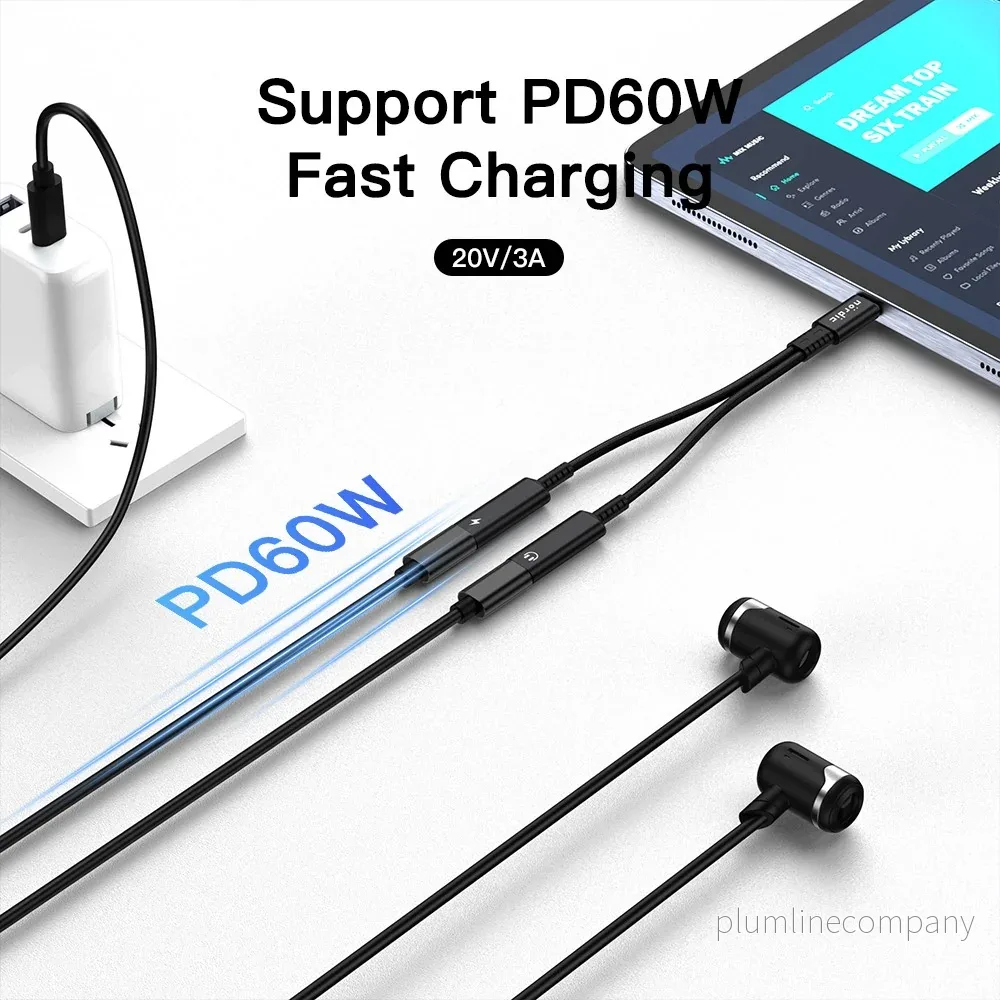 NÖRDIC 1 till 2 USB-C till 2xUSB-C hörlursadapter med 60W laddning - Bild 2