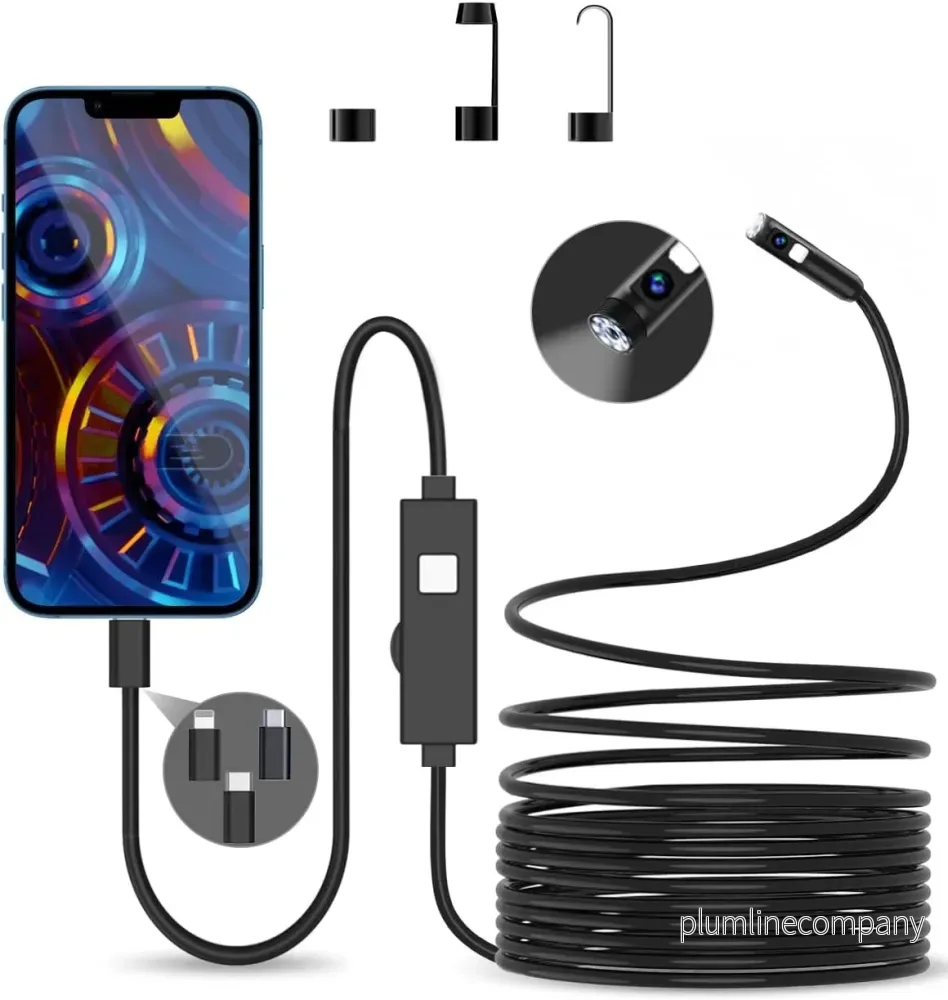 NÖRDIC 5m Endoskopkamera med dubbla lenser för mobiltelefon med ljus, 1080P HD, 8 LED-lampor, vattentät IP67, inget WiFi krävs, Android och iOS