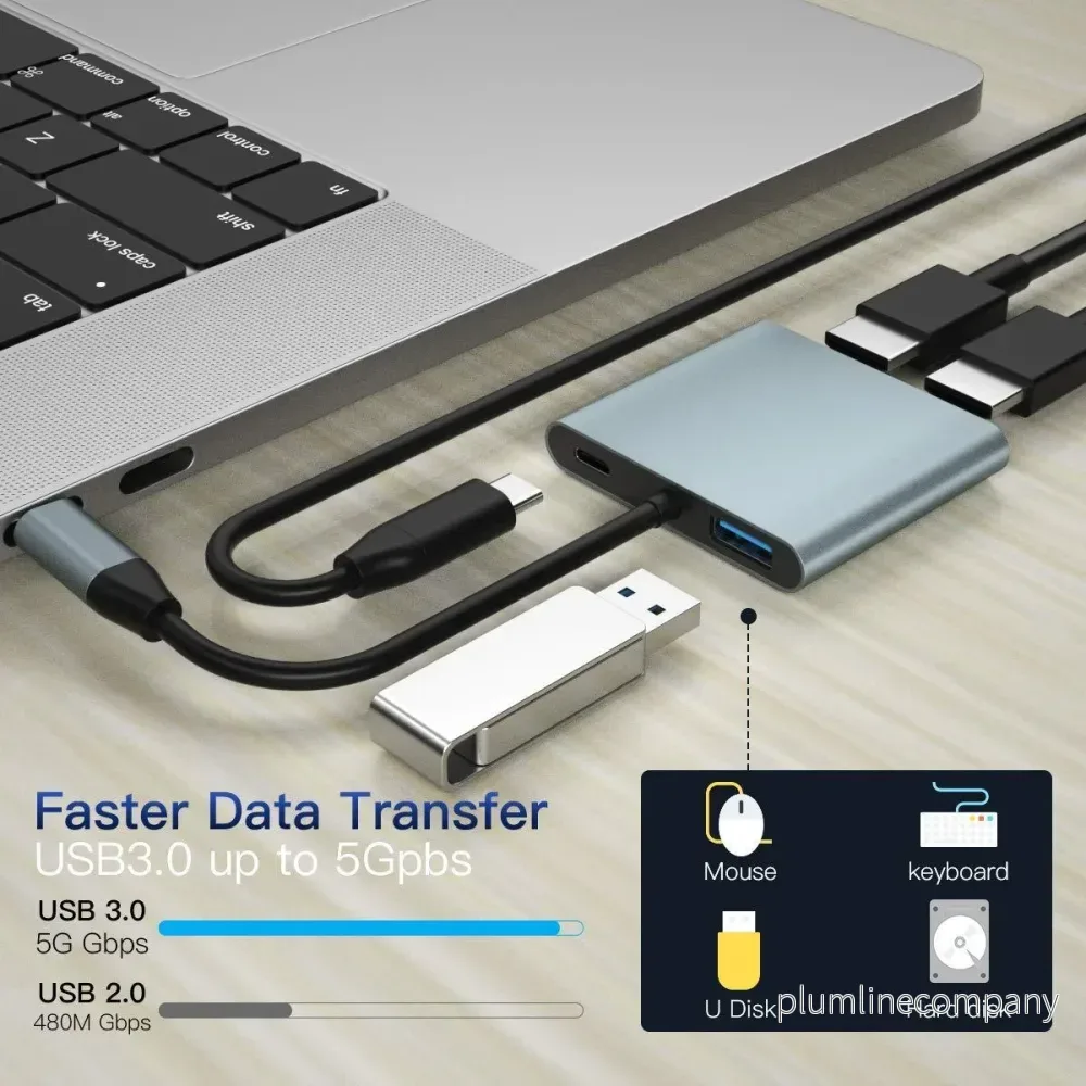NÖRDIC USB-C till 2xHDMI adapter 4K30Hz 1xUSB-C 60W PD 1xUSB-A 3.1 5Gbps MST - Bild 2