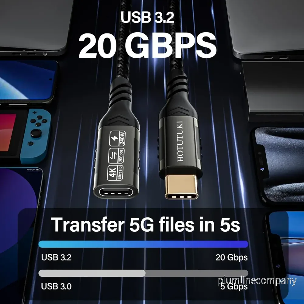 NÖRDIC 50cm USB3.2 Gen2 20Gbps USB-C till C nylonflätad förlängningskabel med Power Delivery 240W 4K60Hz - Bild 2