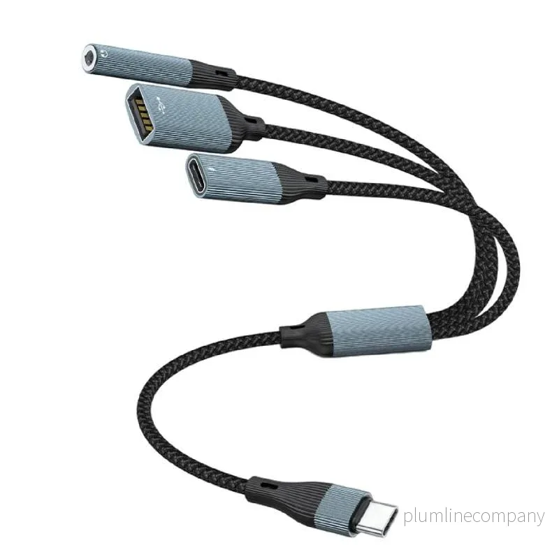 NÖRDIC USB-C Hubb 1 till 3, 1xUSB-A 1xUSB-C PD60W 1×3,5mm hörlursuttag OTG Kabel