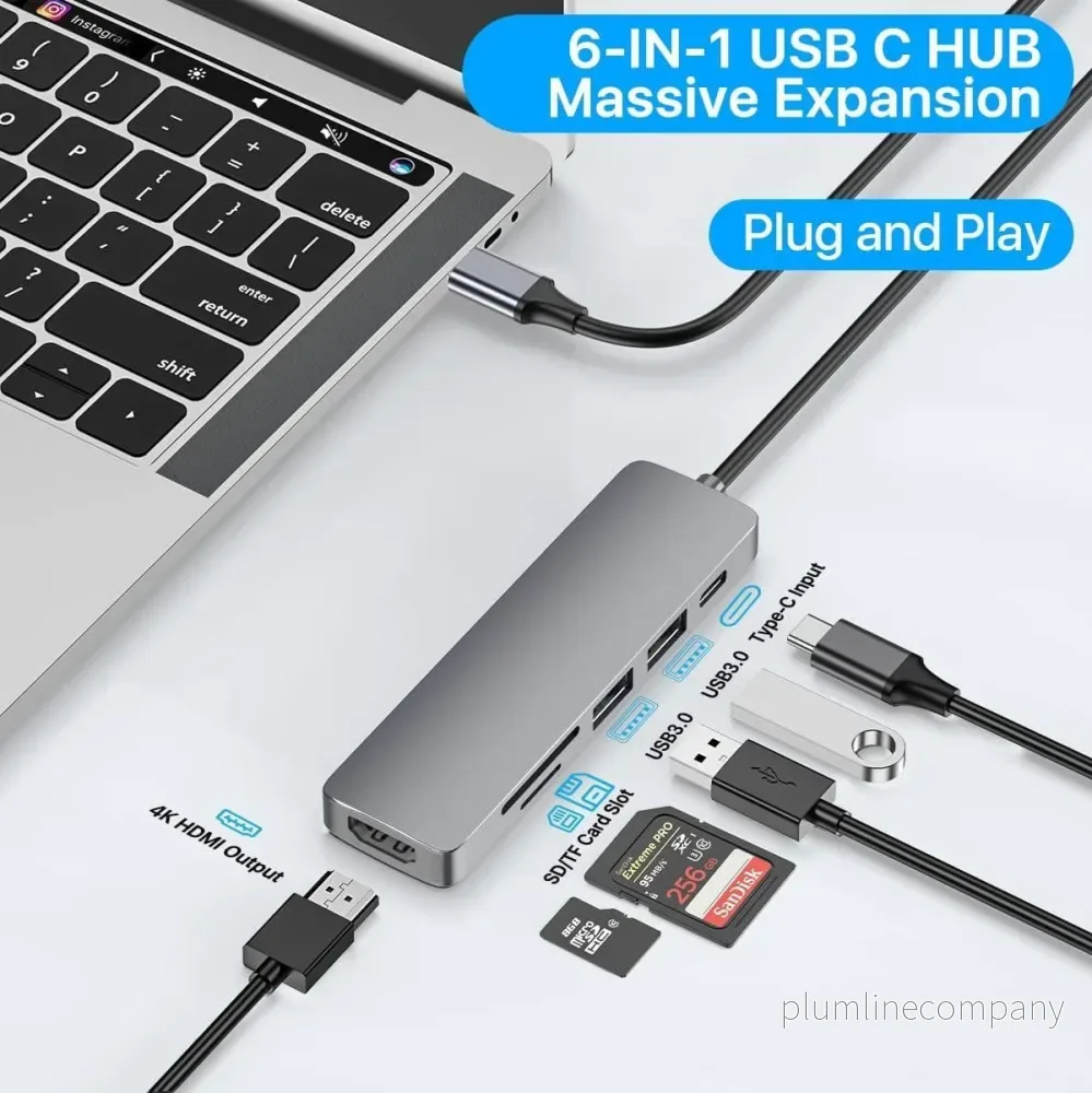 NÖRDIC 1 till 6 USB C Aluminium Dockningsstation 1xHDMI 4K 30Hz 1xUSB-A 3.0 1xUSB-A 2.0 5Gbps 1xUSB C PD87W 1xSD/TF kortläsare - Bild 3