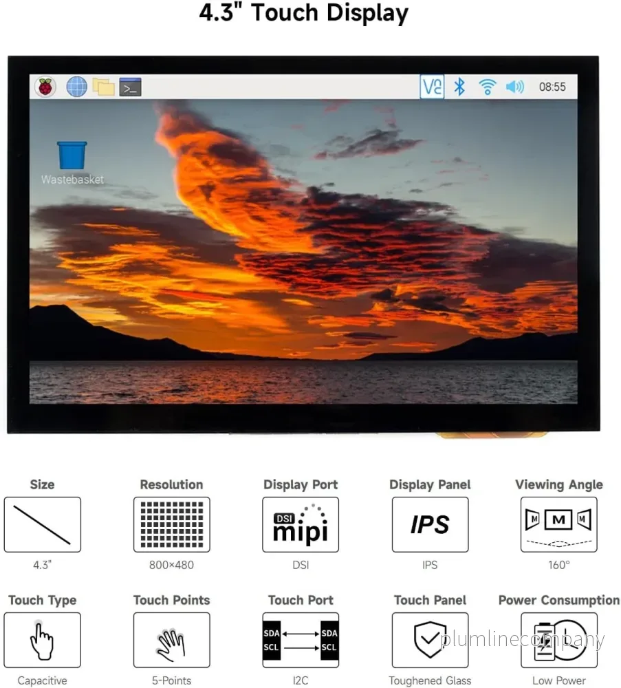 Waveshare 4,3-tums LCD Touch-skärm för Raspberry Pi 5/4B/3B+/3A+/3B/2B/B+/A+ 800 × 480 IPS - Bild 2