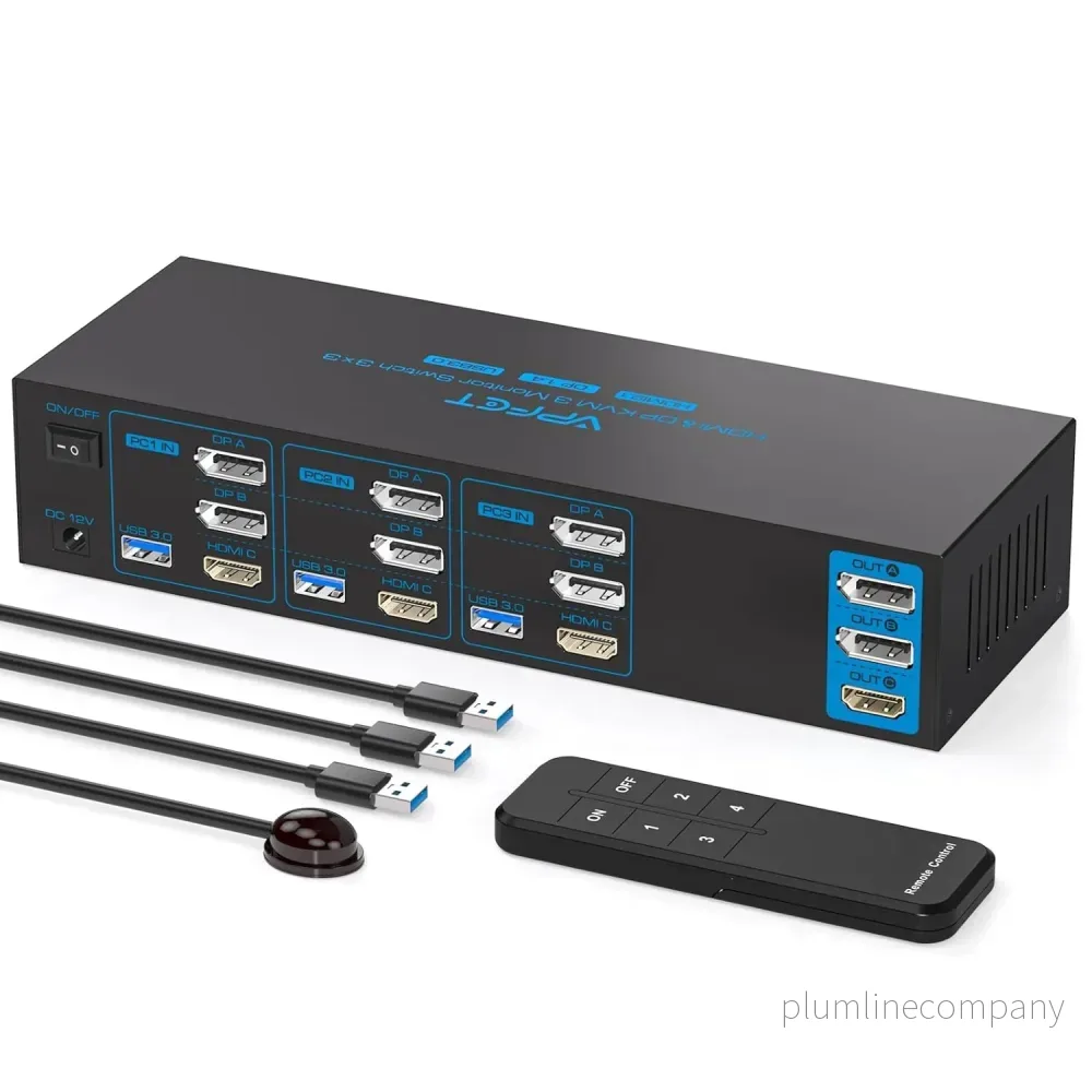 NÖRDIC KVM Switch 3 till 3, 4xUSB3.0 2xDP 1xHDMI 8K30Hz med trådlös kontroll NÖRDIC KVM Switch 3 till 3, 4xUSB3.0 2xDP 1xHDMI 8K30Hz med trådlös kontroll