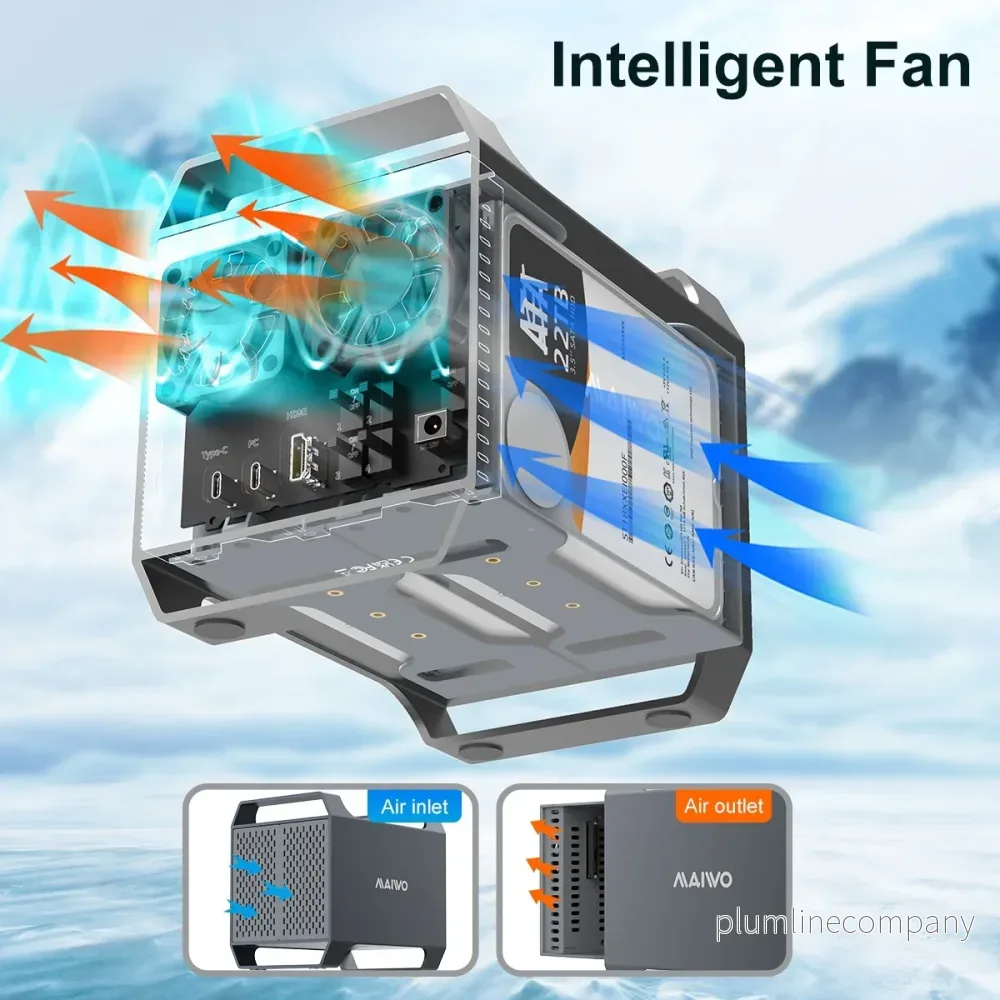 Maiwo K35284A 4‑plats DAS-design för 3,5” SATA‑HDD med 2 kylfläktar, USB‑C & 10 Gbps hastighet, ingen RAID - Bild 2