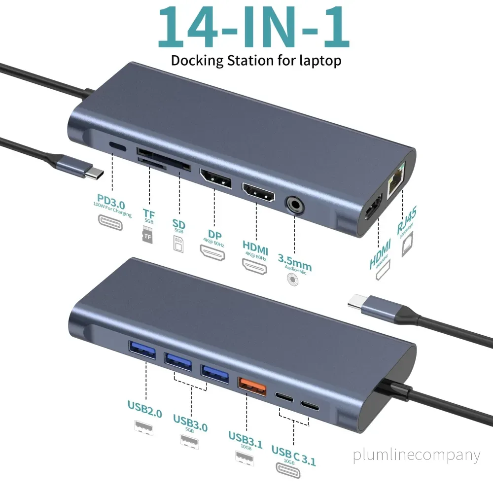 NÖRDIC USB-C 1 till 14 Dockningsstation Trippla skärmar, 2xHDMI, 1xDP, 1xUSB-C PD 100W, 2xUSB-C, 4xUSB-A, med Ethernet - Bild 2