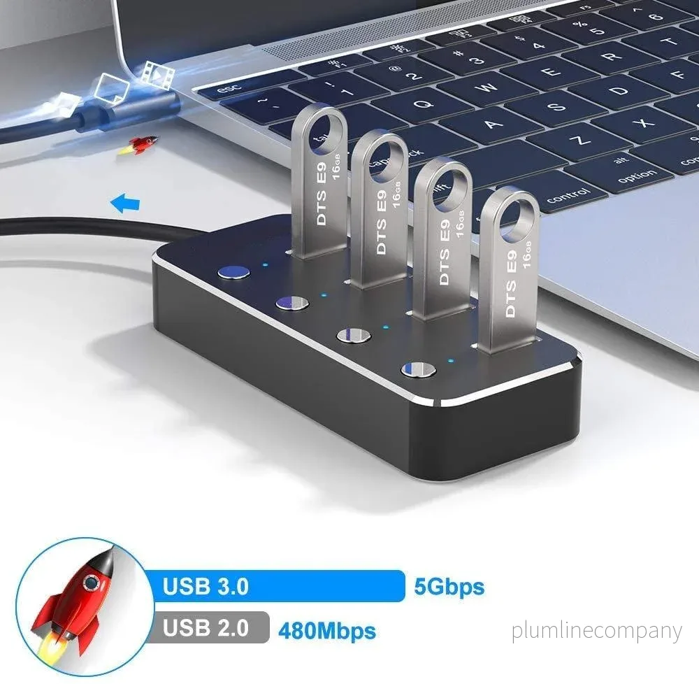 NÖRDIC 4-port hubb USB-C 3.0 5Gbps med individuell switch 25cm kabel svart aluminium - Bild 2