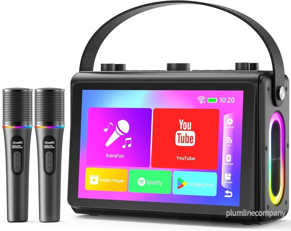 NÖRDIC Karaoke-maskin, inbyggd 10,1″ HD-lyricsskärm, stöd för WiFi, Bluetooth, HDMI, USB och MicroSD, med 2 trådlösa mikrofoner för hemmafest