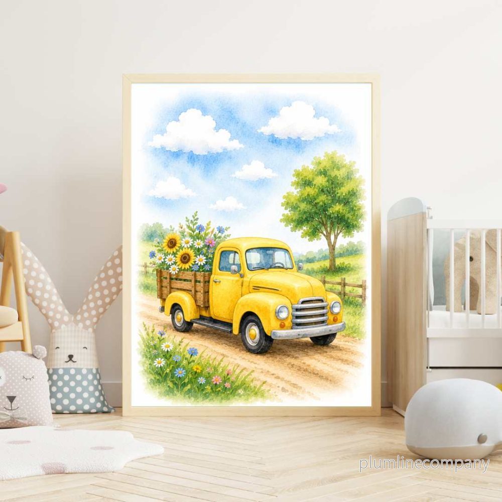 Gul bil med blommor – Poster för barn Gul bil med blommor – Poster för barn