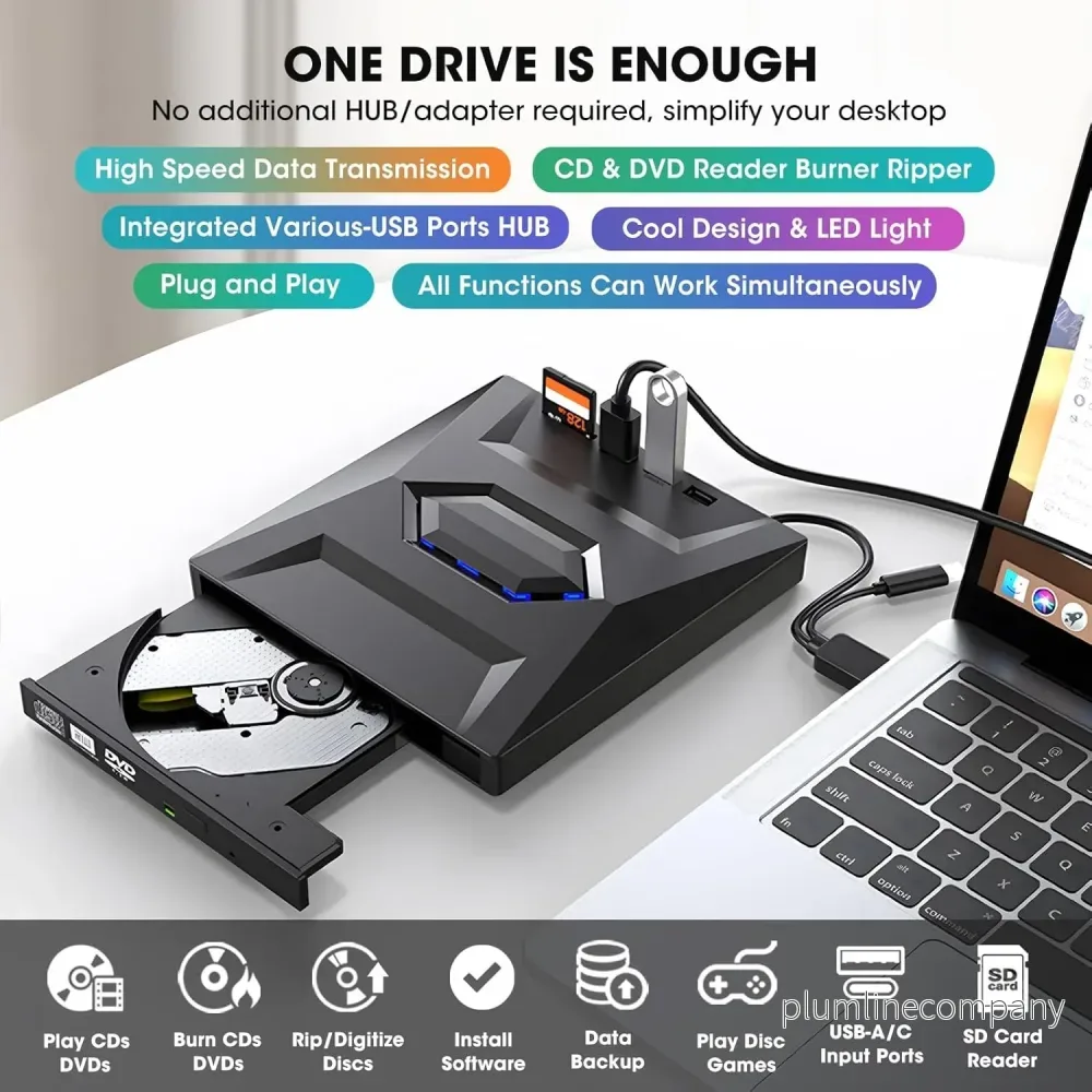 NÖRDIC Bärbar CD Brännare och spelare och USB-hubb med SD-kortläsare 2xUSB-A 1xUSB-C - Bild 3