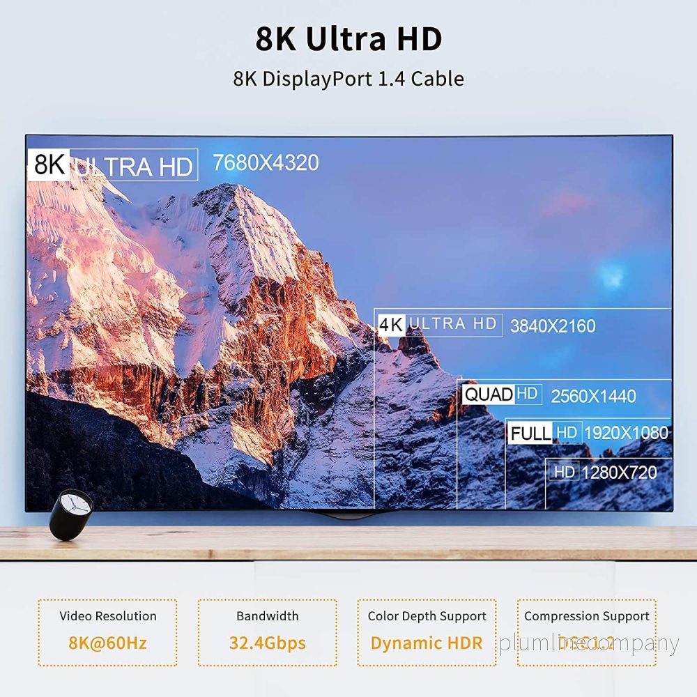 NÖRDIC 1m vinklad Displayport till Displayport kabel ver 1.4 UHD 8K i 60Hz 32,4Gbps 10-bit HDR dubbelskärmad - Bild 2