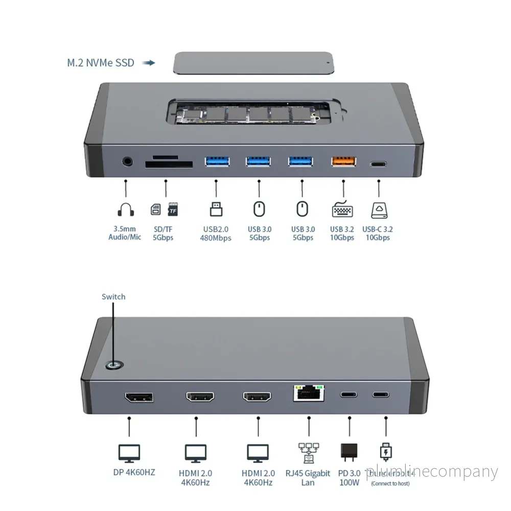 NÖRDIC USB-C 1 till 15 Dockningsstation Thunderbolt 4 Trippla skärmar, 2xHDMI, 1xDP, 1xUSB-C PD 100W, 1xUSB-C, 4xUSB-A, med M.2 NVMe SSD-plats NÖRDIC USB-C 1 till 15 Dockningsstation Thunderbolt 4 Trippla skärmar, 2xHDMI, 1xDP, 1xUSB-C PD 100W, 1xUSB-C, 4xUSB-A, med M.2 NVMe SSD-plats