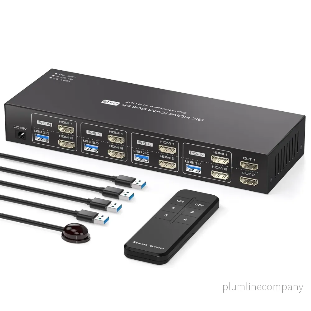 NÖRDIC KVM 4×2 HDMI 2.1 Switch 4PC till Dual Monitor HDMI 8K60Hz med 1×3.5mm och 4xUSB-A