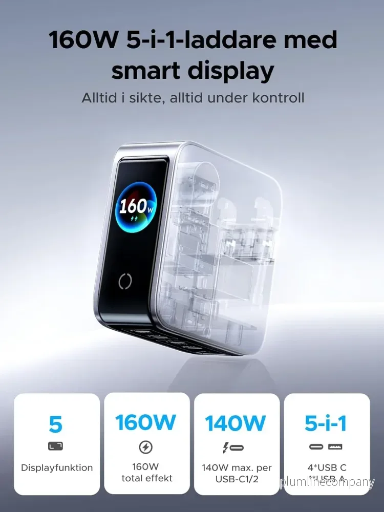 UGREEN Nexode Pro 160W USB-C laddare med 5 portar, 4xUSB-C + 1xUSB-A, Smart-Display och Touchkontroll - Bild 2