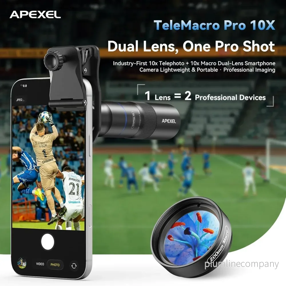 APEXEL 10X Tele-Macro Pro Dual Lens 2-i-1, portabelt telefoto- och makroobjektiv med clip-fäste för smartphones - Bild 2
