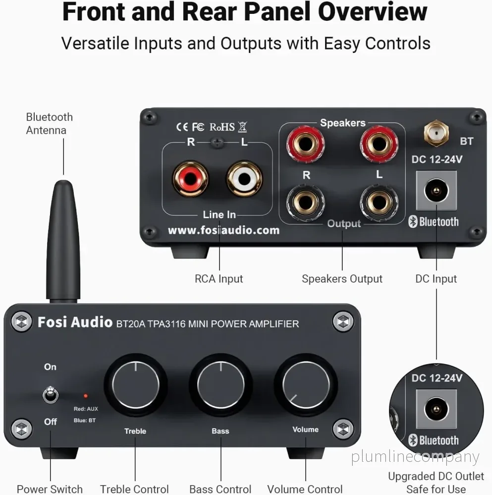 Fosi Audio Bluetooth 5.0 & R/L Förstärkare 100W x 2 med Volym, Bas och Diskant kontroll, Svart - Bild 2