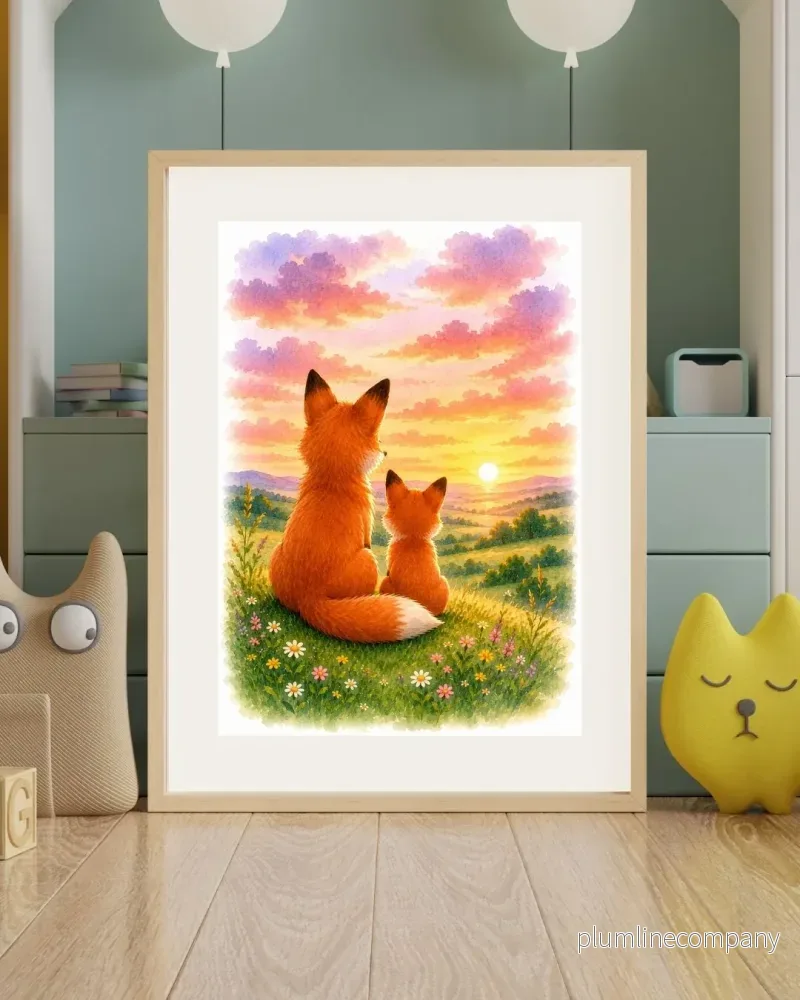 Rävar i solnedgång – Poster för barn Rävar i solnedgång – Poster för barn