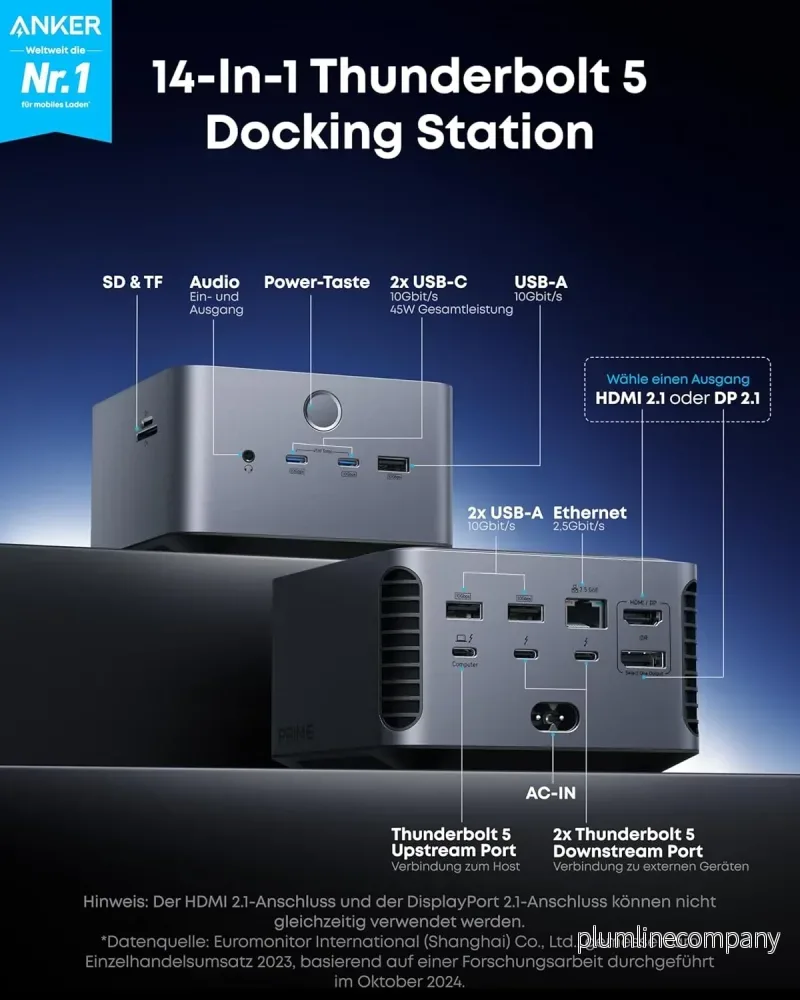 Anker Prime Thunderbolt 5-dockningsstation, 8K@60Hz/6K/4K, 120Gbps, 14 portar + 140W laddning för Thunderbolt 5/4-laptops - Bild 2