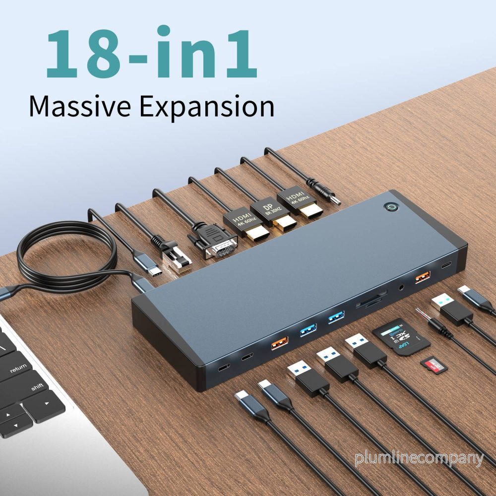 NÖRDIC USB-C Dockningsstation 1 till 18 Fyra skärmar, 2xHDMI, 1xDP, 1xVGA, 1xUSB-C PD 100W, 1xUSB-C QC, 2xUSB-C, 1xUSB-A QC3.0, 3xUSB-A, 1xGigaLAN - Bild 2