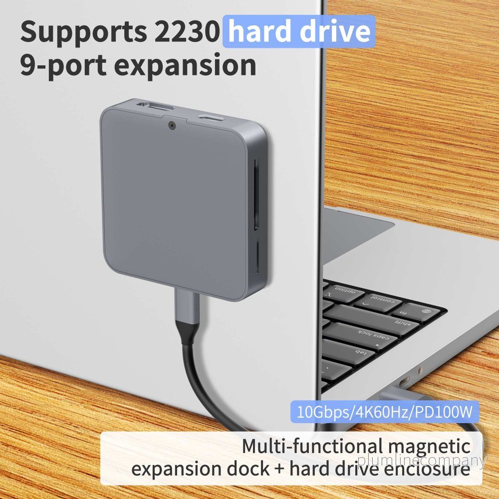 NÖRDIC 1 till 9 Magnetisk USB-C Dockningsstation 1xHDMI 4K60Hz, 1xUSB-C, 1xUSB-C PD 100W, 1xUSB-A, 1xM.2 SSD, 1xSD, 1xMicroSD, 1x3,5 mm AUX - Bild 2
