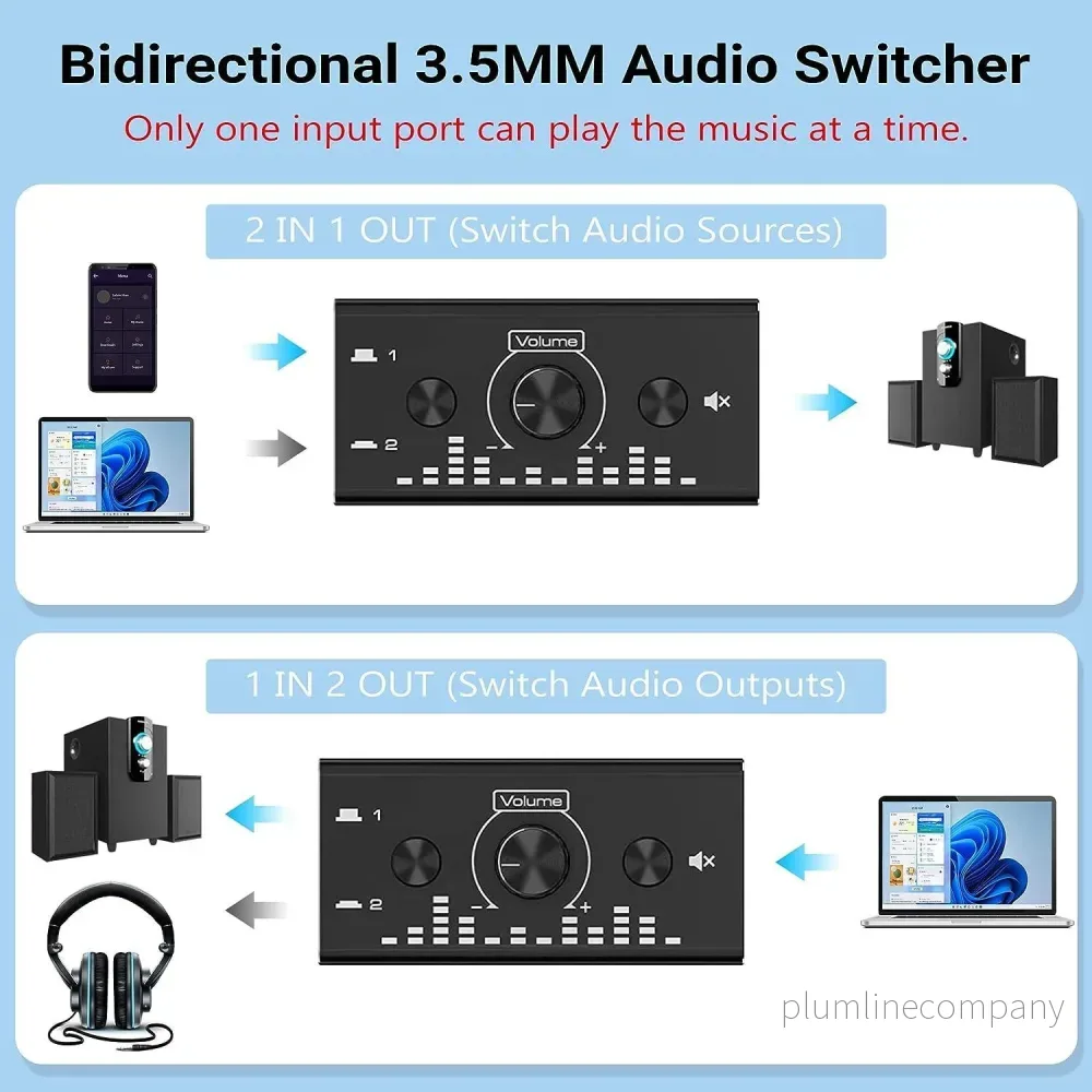 NÖRDIC Bi-Directional 3,5 mm jack ljudswitch 2 in 1 ut / 1 in 2 ut analog tyst stereoljud switch med volymkontroll - Bild 2