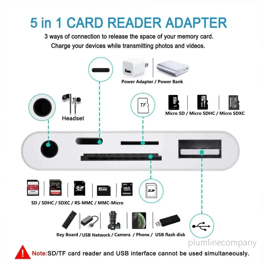 NÖRDIC Lightning adapter 1 till 5 portar 1xUSB A 3.1 port 1x Lightning 1x 3,5 Audio 1xSD- och 1xTF kortläsare - Bild 2