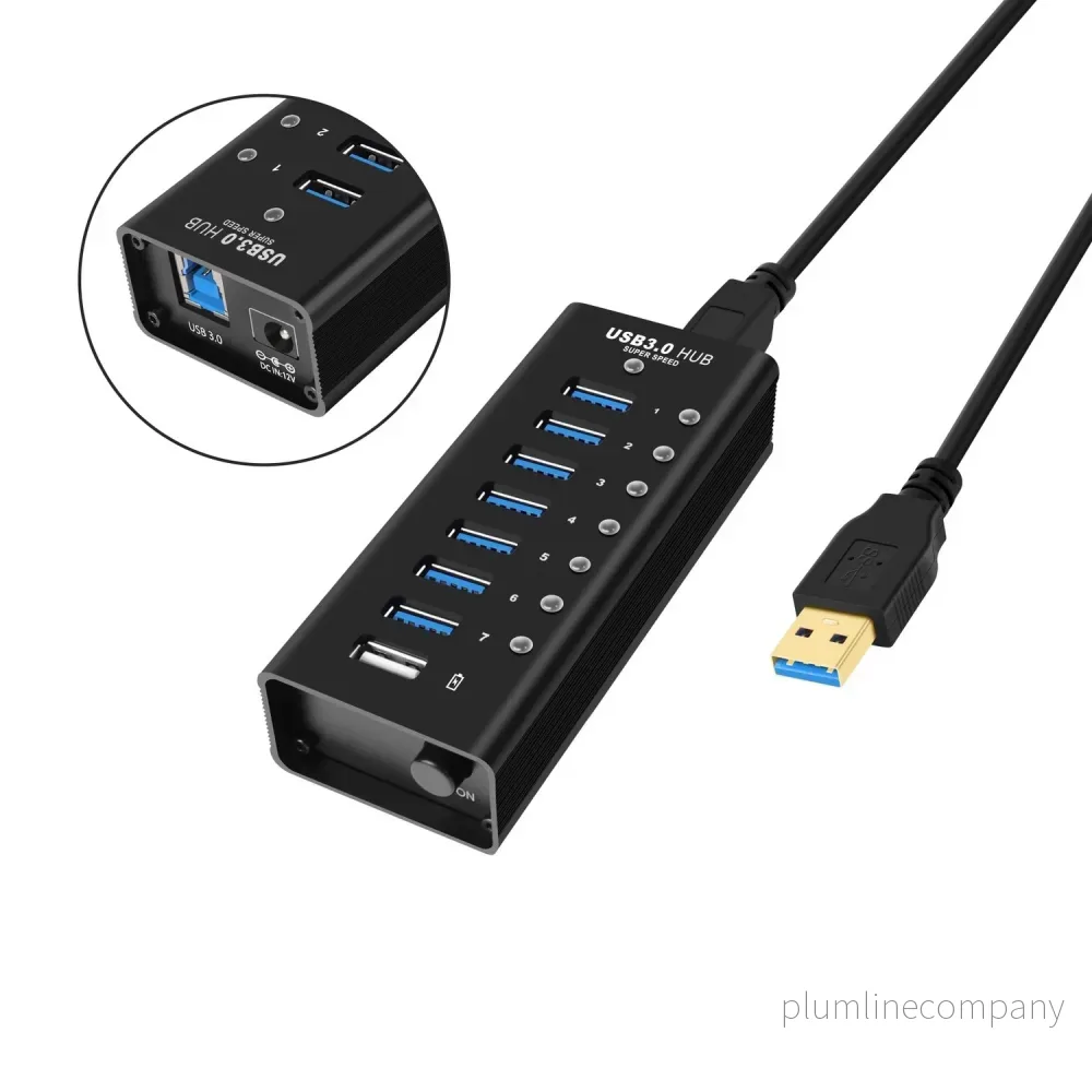 NÖRDIC 8-port powered hubb USB-A 3.0 5Gbps med switch 1,2m kabel aluminium svart med nätdel NÖRDIC 8-port powered hubb USB-A 3.0 5Gbps med switch 1,2m kabel aluminium svart med nätdel