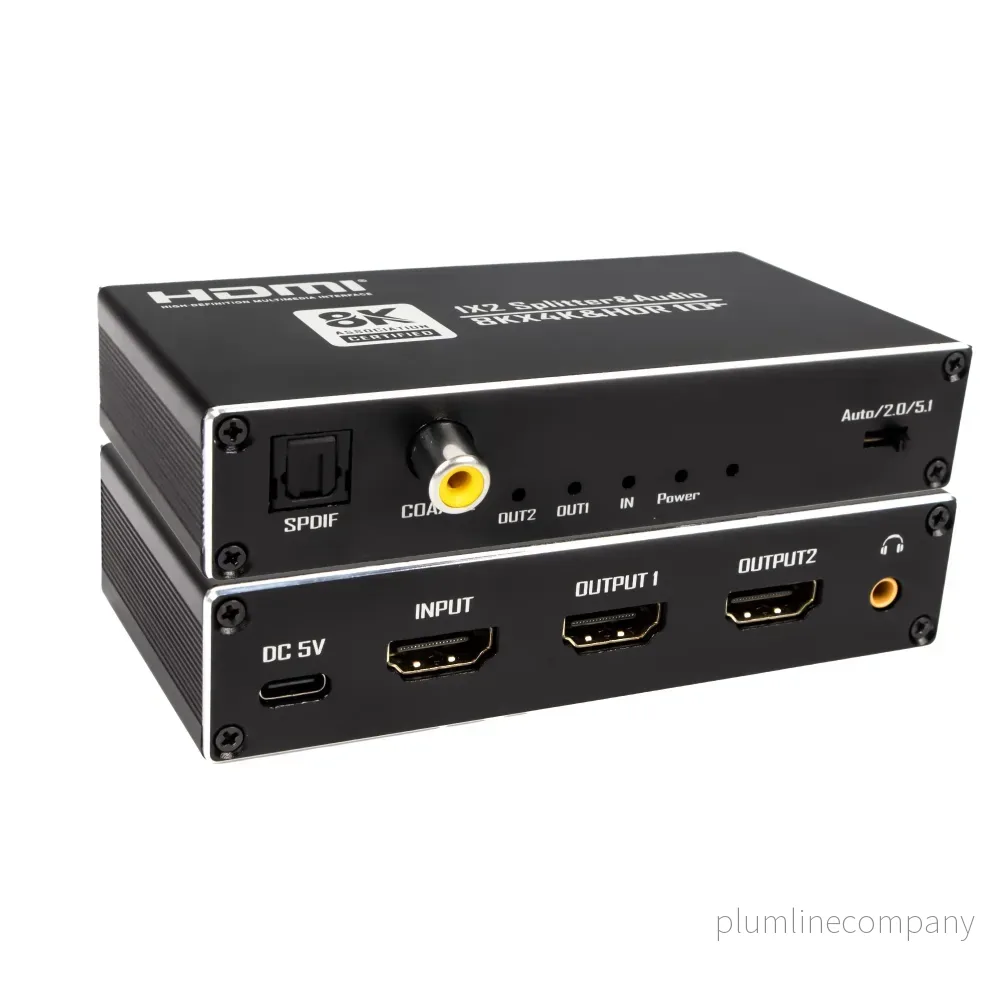NÖRDIC HDMI 2.1 Splitter 8K60Hz 1 till 2 med inbyggd Extractor för SPDIF/Coaxial/Stereo