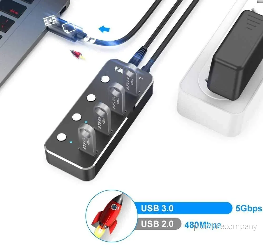 NÖRDIC powered 4-ports hubb USB-C 3.0 5Gbps med individuell switch 25cm kabel aluminium svart med nätdel - Bild 2