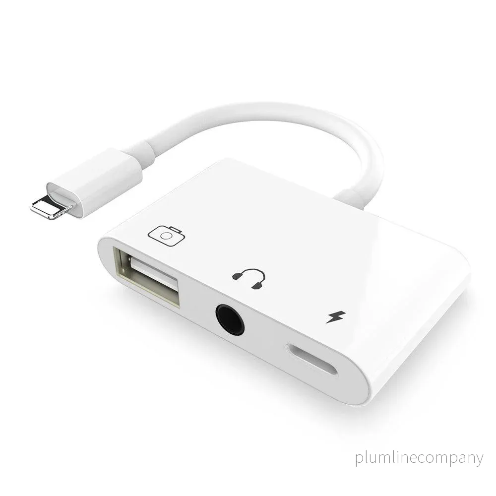 NÖRDIC Lightning adapter 1 till 3 portar 1xUSB A 1x audio 3,5mm och 1x Lightning för laddning