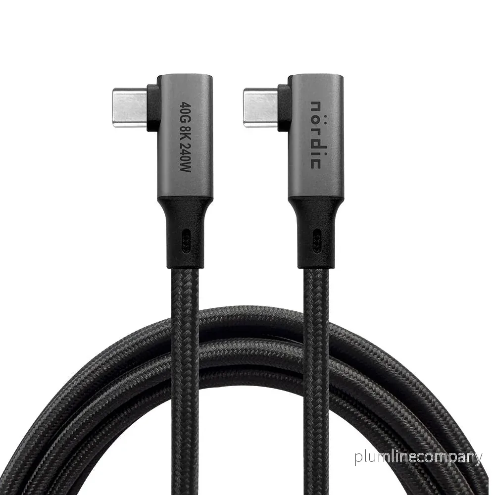 NÖRDIC vinklad 25cm USB4 USB-C till C nylonflätad kabel PD3.1 240W 40G 8K60Hz 4K144Hz grå