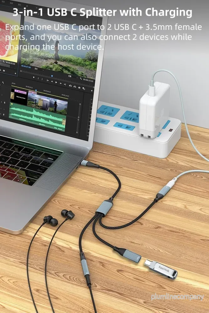 NÖRDIC USB-C Hubb 1 till 3, 1xUSB-C 1xUSB-C PD60W 1x3,5mm hörlursuttag OTG Kabel - Bild 3