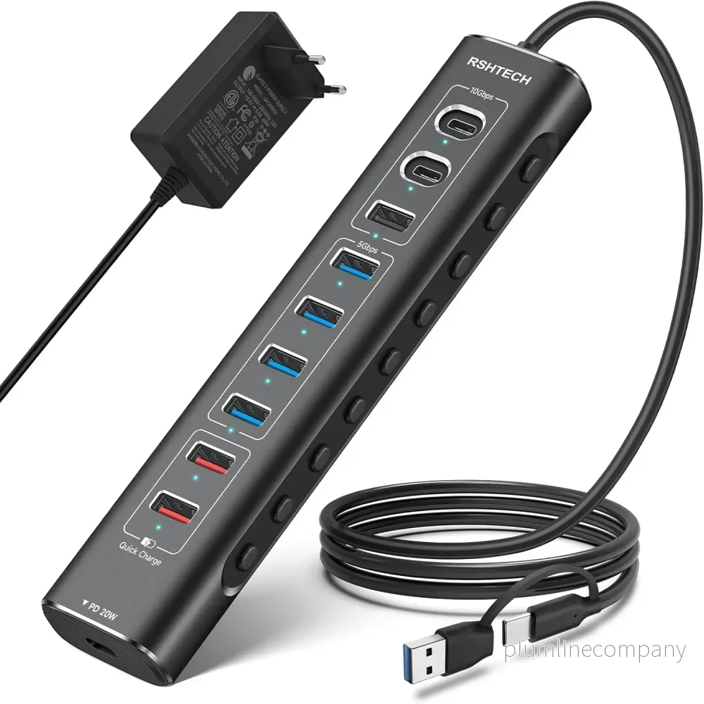 NÖRDIC Powered 10port USB-C & A Hubb, 3x10G USB-A och USB-C USB3.2 GEN2, 4x5G USB-A USB3.2 GEN1, 1xUSB-C 20W PD, 2xUSB-A laddning med individuell switch