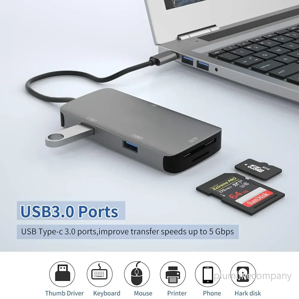 NÖRDIC 1 till 5 USB-C adapter SD/TF och CF kortläsare med 2xUSB3.0 upp till 5Gbps UHS-I - Bild 3
