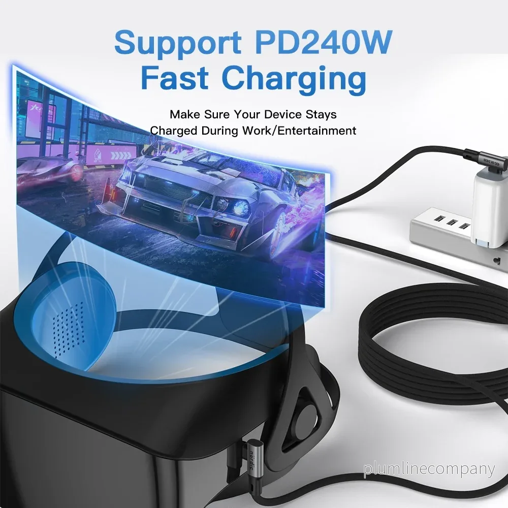 NÖRDIC vinklad 25cm USB4 USB-C till C nylonflätad kabel PD3.1 240W 40G 8K60Hz 4K144Hz grå - Bild 2