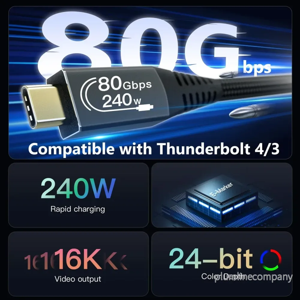 NÖRDIC 50cm Thunderbolt 5 kabel 80Gbps dataöverföring 240W laddning 120Gbps bandbredd 16K60Hz 8K60Hz 4K540Hz - Bild 2