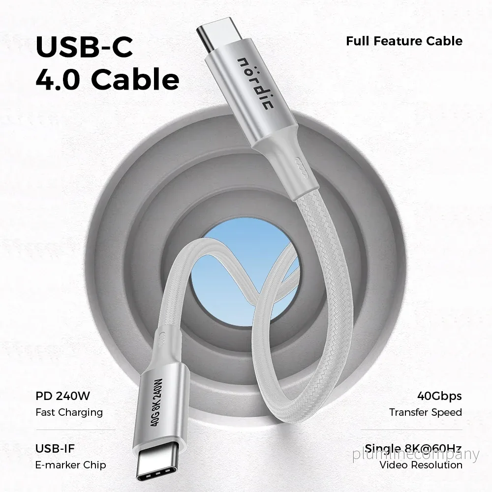 NÖRDIC 1m USB4 USB-C till C nylonflätad kabel PD3.1 med 240W snabbladdning 40G 8K60Hz 4K120Hz 5K60Hz 2x4K60Hz Emarker - Bild 2