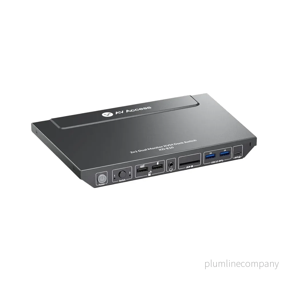 AV Access KD-E10 Dockningsstation & KVM Switch för 2 datorer till 2 skärmar HDMI 4K60Hz, 100W PD, 3 x USB, 1G Ethernet, SD, 3.5 mm AUX Audio EDID AV Access KD-E10 Dockningsstation & KVM Switch för 2 datorer till 2 skärmar HDMI 4K60Hz, 100W PD, 3 x USB, 1G Ethernet, SD, 3.5 mm AUX Audio EDID
