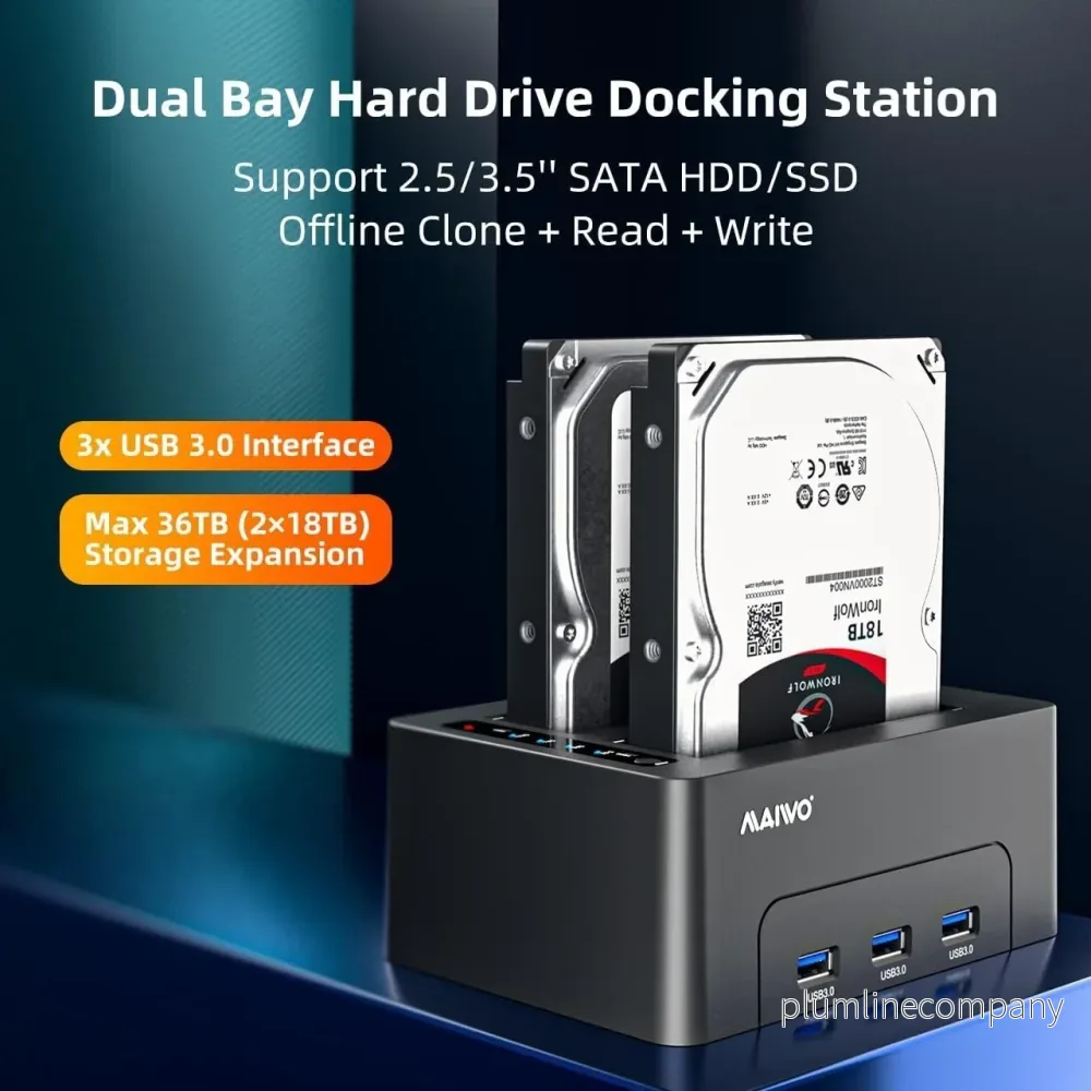 Maiwo K3082H USB 3.1 GEN1 5Gbps Dockningsstation för 2st 2,5-3,5 SATA HDD SSD 2x16TB med stöd för UASP 3xUSB3.1 hubb - Bild 2