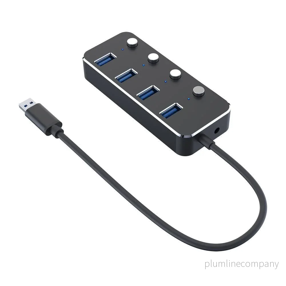 NÖRDIC powered 4-ports hubb USB 3.0 5Gbps med individuell switch 25cm kabel aluminium svart med nätdel NÖRDIC powered 4-ports hubb USB 3.0 5Gbps med individuell switch 25cm kabel aluminium svart med nätdel