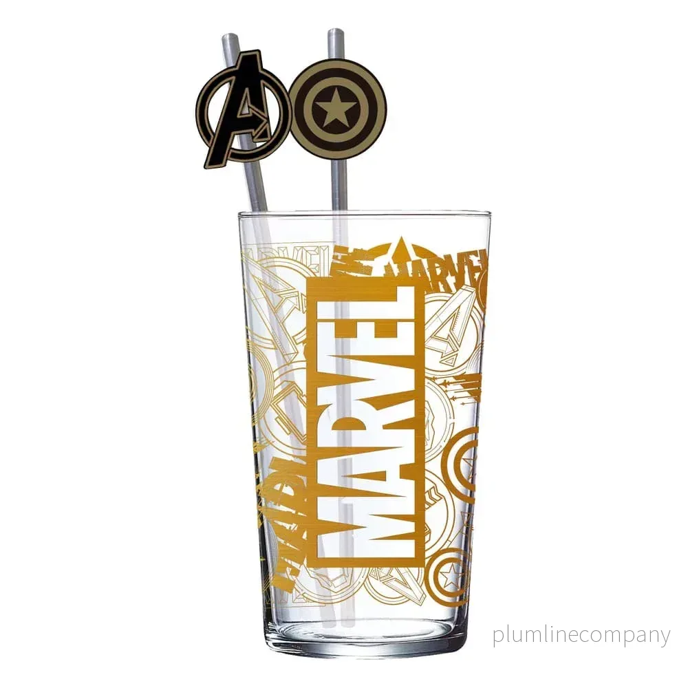 Marvel Glastumbler med sugrör och Avengers-logga 485 ml