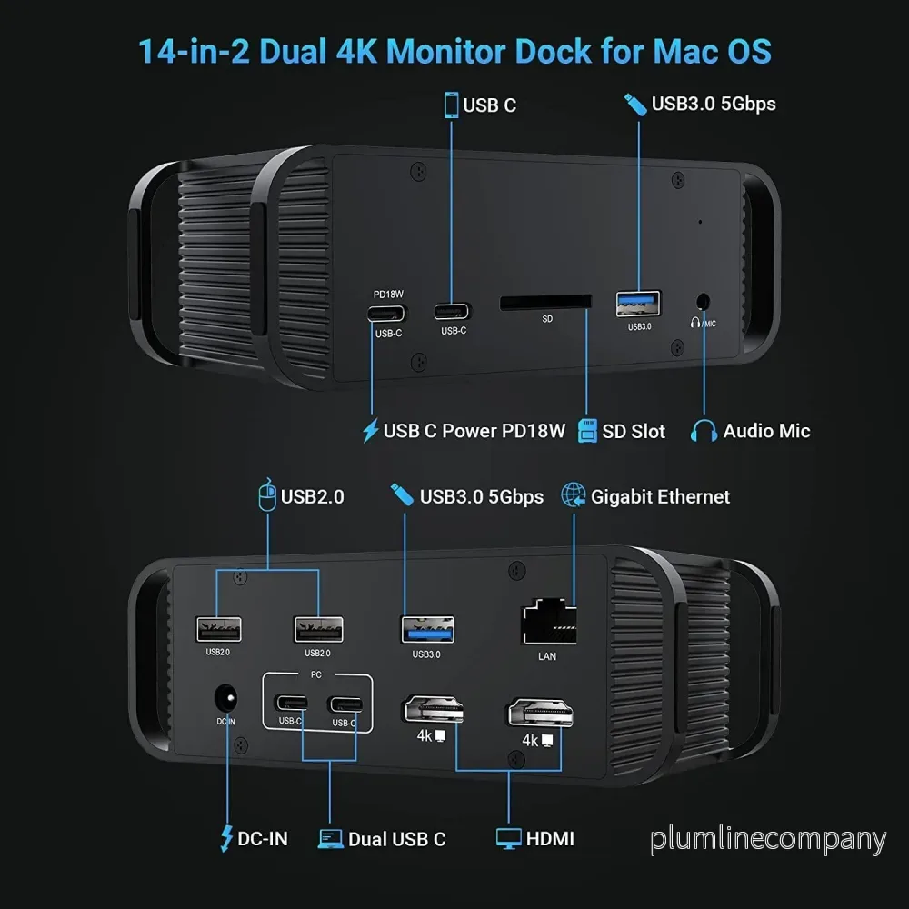 NÖRDIC 2 till 14 USB-C Macbook dockningstation dubbla monitorer 2xHDMI 4K60Hz 7xUSB 1xUSB-C PD100W 1xRJ45 1xAudio 1xSD Thunderbolt 3/4 USB4 - Bild 2