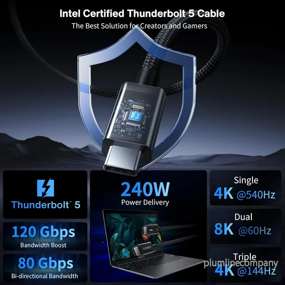 iVANKY Thunderbolt 5 kabel 1m Intel Certifierad, 80Gbps Dataöverföring, 120Gbps Bandbredd, 240W Laddning, Dubbla 8K Skärmar, Kompatibel med MacBook M4 TB4/DP2.1/USB4 - Bild 2